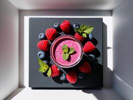 A bowl of smoothie with berries and mint photo