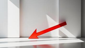 A red arrow pointing to the right in front of a white wall photo