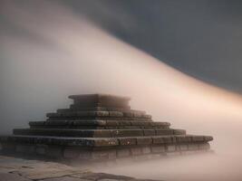 A stone structure in the fog with a light coming from it photo