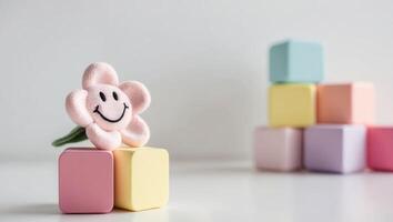 A toy smiley face is sitting on top of colorful blocks photo