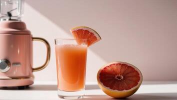 A pink blender with a glass of grapefruit juice next to it photo