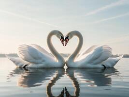 Two swans making a heart shape in the water photo