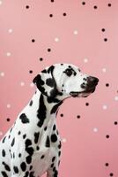 A dalmatian dog is standing in front of a pink polka dot background photo