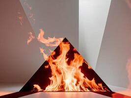 A triangle shaped fire is burning inside of a room photo