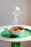 A bowl of soup on a table photo