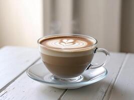 A cup of coffee with a latte art on a white table photo