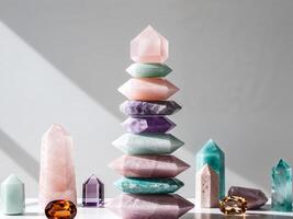 A stack of colorful crystals and gems photo