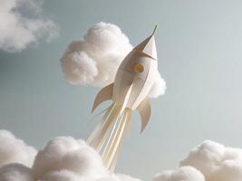 Paper rocket flying in the sky with clouds photo