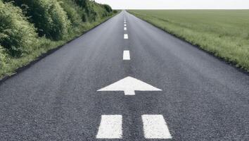 An empty road with two arrows pointing in opposite directions photo