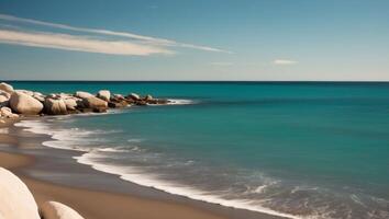 A beach with rocks and water in the background photo