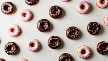 A large group of donuts with chocolate and pink icing photo