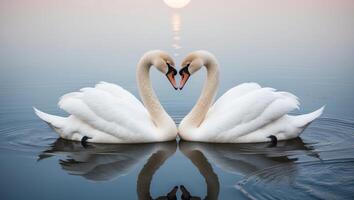 Two swans making a heart shape in the water photo