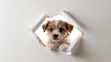 A puppy peeking out from a hole in a paper photo