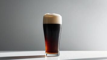 A dark beer is sitting in a glass photo