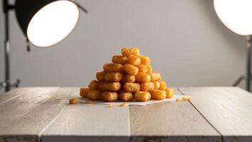 A pyramid of fried tater tots on a table photo