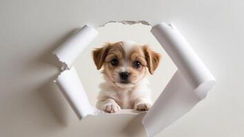 A small dog peeking out from a hole in a paper photo