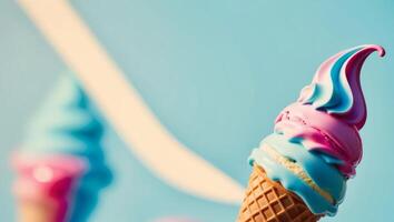Ice cream cones with colorful swirls on a blue background photo