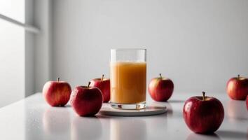 A glass of juice is surrounded by apples photo