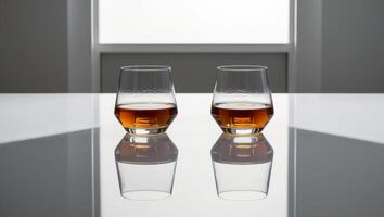 Two glasses of whisky on a table in front of a window photo