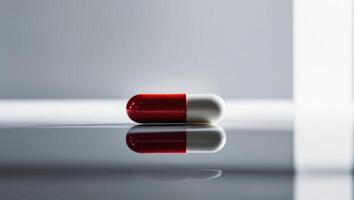 A red and white pill sitting on a table photo