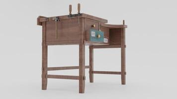 A small wooden desk with a small table and a small chair photo