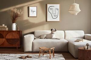 Stylish interior of living room with design modular sofa, furniture, coffee table, decoration, dried flowers and elegant accessories in modern home decor. Beautiful dog lying on the sofa. photo