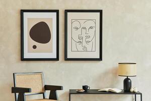 Creative composition of stylish modern living room interior with two mock up poster frames, black commode, armchair, lamp and personal accessories. Neutral colors. Template. photo