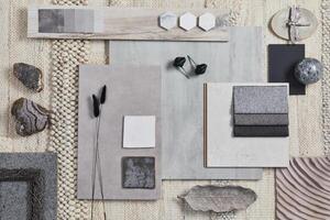 Flat lay design of creative architect moodboard composition with samples of building, beige textile and natural materials. Personal accessories - Top view, template. photo