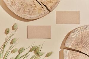 Flat lay of stylish composition with mock up visit cards, wood, dry plants and accessories. Neutral colors, top view, template. photo