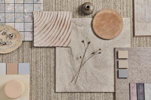 Flat lay of creative design of beige architect moodboard composition with samples of building, neutral textile and natural materials and personal accessories. Top view, template. photo