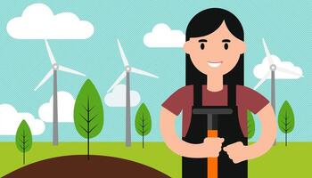 A woman is standing in front of a field of trees and windmills vector
