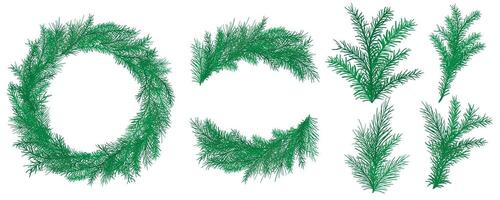 Hand drawn fir set includes wreath, frame, twigs and bunches of fir and pine branches vector