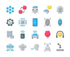 Set of Artificial intelligence icons with flat style, Containing Ai brain, vr, robot data. It can be used for many purpose. vector