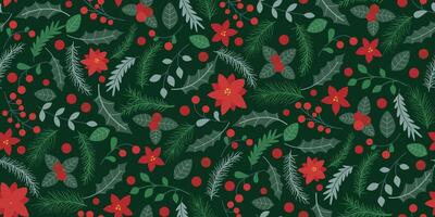 Christmas seamless pattern with poinsettia flowers, leafy twigs, fir branches and berries vector