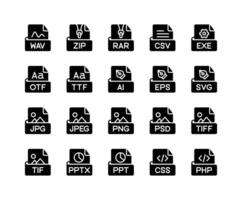 Set of file format or extensions, A collection of solid-style icons for key file types, offering simplicity and efficiency for streamlined, modern designs vector