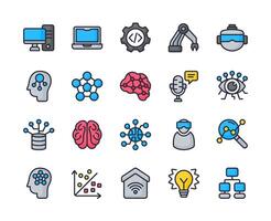 Set of Artificial intelligence icons with flat line style, Containing Ai brain, vr, robot data. It can be used for many purpose. vector