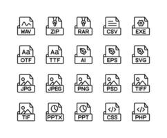 Set of file format or extensions, A minimalistic set of icons representing popular file formats in clean line art, perfect for professional presentations, software interfaces, and documentation vector