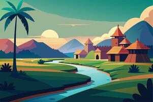 3d village seen with trees background vector