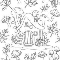 Coloring book. Seamless pattern with cute fairy-tale mushroom houses. Image in doodle style vector