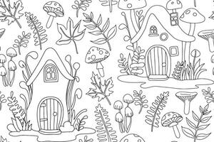 Coloring book. Seamless pattern with cute fairy-tale mushroom houses. Drawing in doodle style vector