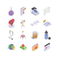 A colorful collection of isometric icons representing various aspects of healthcare, medicine, and wellness vector