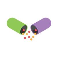 Well designed isometric icon of open capsule with colorful granules inside vector