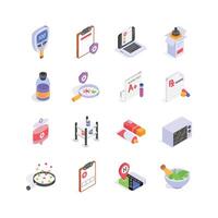 Isometric icons illustrate various aspects of healthcare, featuring elements like medical devices vector
