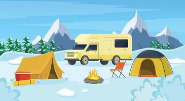 Winter camping on the background of mountains with car, forest, tents, campfire and chair. vector