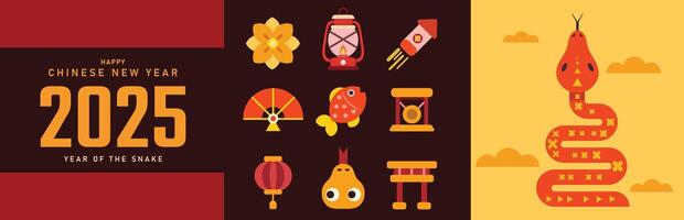 Chinese New Year 2025. Festive Year of the Snake Illustration. Red Snake vertical design, cards, story templates and envelope design. Lunar new year concept, geometric modern design. vector