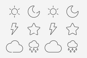 Weather icon set. Basic flat design sky. Sun, moon, crescent, thunder, lightning, star, cloud, rain sign symbol. vector