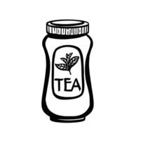 Glass Jar illustration. Etching of transparent Bottle with cork painted by black inks in line art style. Drawing of empty container on isolated background. Sketch of vintage kitchen utensils. vector