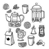 Making and drinking tea from cup, isolated herbs and teabag, kettle or pot with assortment of fresh leaves. Mint and citrus slice, chamomille flower, monochrome sketch outline. vector