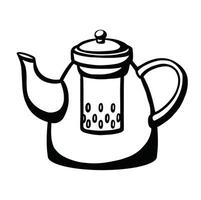 Glass teapot with strainer for brewing, isolated on white background. Sketchy style. illustration vector