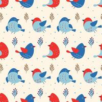 Seamless pattern with winter birds on light background. Christmas and new year. Festive illustration for gift design, wrapping paper, textiles, greeting card, background, cover, scrapbooking. vector